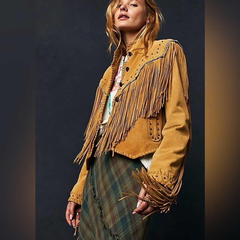 We The Free Mustard Fringe Suede Leather Jacket